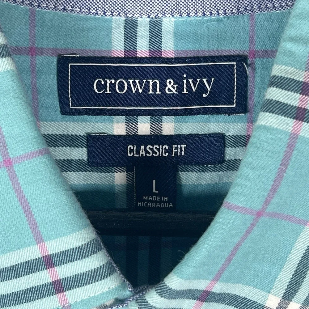 Crown & Ivy Mens Classic Fit Plaid Button Down Shirt Teal Large Long‎ Sleeve
